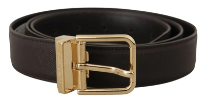 Dolce & Gabbana Brown Calf Leather Gold Logo Metal Buckle Belt In Black And Brown