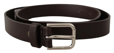 Dolce & Gabbana Brown Plain Leather Silver Tone Buckle Belt In Black