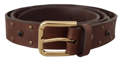 Dolce & Gabbana Brown Leather Studded Gold Tone Metal Buckle Belt