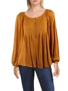 FREE PEOPLE DEVIN WOMENS RIBBED KNIT BLOUSON SLEEVES HENLEY TOP