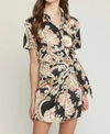 Entro Satin Paisley Short Faux Wrap Dress In Black In Black