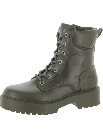 Calvin Klein Sallon Womens Faux Leather Round Toe Combat & Lace-up Boots In Green