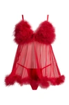 COQUETTE FEATHERY BABYDOLL CHEMISE & G-STRING SET