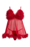 Coquette Feathery Babydoll Chemise & G-string Set In Red