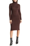 Nina Leonard Turtleneck Ribbed Midi Sweater Dress In Chocolate