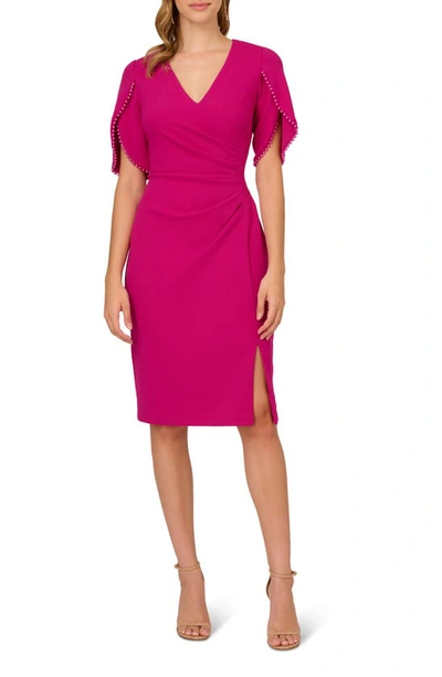 ADRIANNA PAPELL PLEATED IMITATION PEARL TRIM CREPE SHEATH DRESS