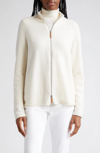 Lafayette 148 Cotton-wool Chainette Zip Front Cardigan In Creme