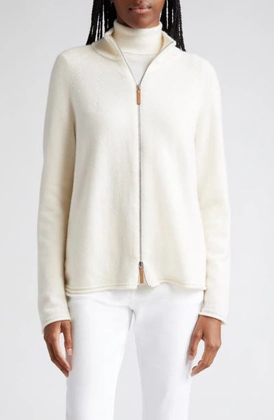 Lafayette 148 Cotton-wool Chainette Zip Front Cardigan In Beige