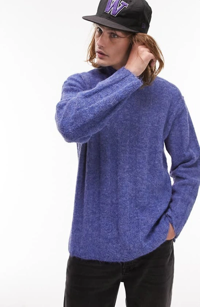 Topman Fluffy Rib High Neck Sweater In Blue