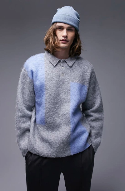 Topman Fluffy Color Block Knitted Polo In Gray