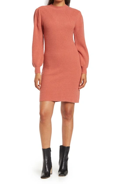 Donna Morgan Mock Neck Puff Long Sleeve Sweater Dress In Rosy Pink