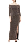 Alex Evenings Metallic Off The Shoulder Knit Sheath Gown In Black/ Copper