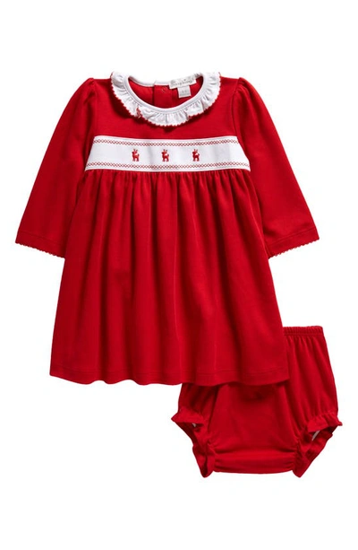 Kissy Kissy Babies' Holiday Reindeer Embroidered Cotton Dress & Bloomers In Red