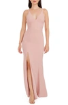 Dress The Population Iris Slit Crepe Gown In Blush
