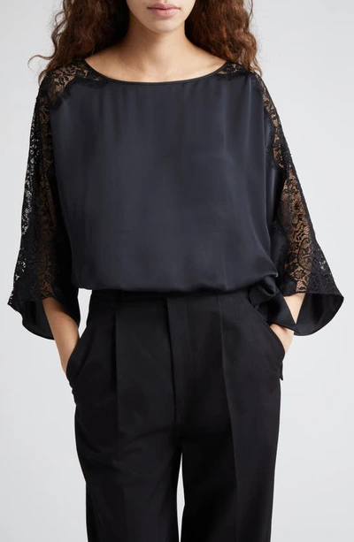 Ramy Brook Alessia Satin Blouse With Lace Detailing In Black
