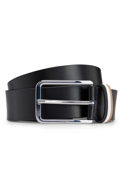 Hugo Boss Calis Leather Belt With Stripe Keeper Loop In Black