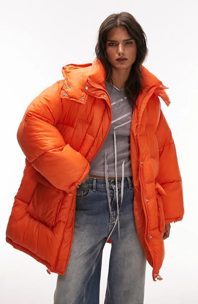 Topshop Oversized Hooded Puffer Jacket With Front Pockets In Bright Orange