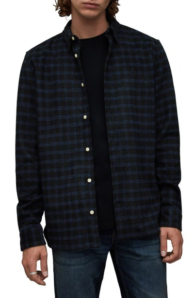 Allsaints Volans Relaxed Fit Brushed Checked Shirt In Black