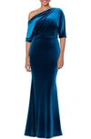 BETSY & ADAM DRAPE ONE-SHOULDER VELVET GOWN