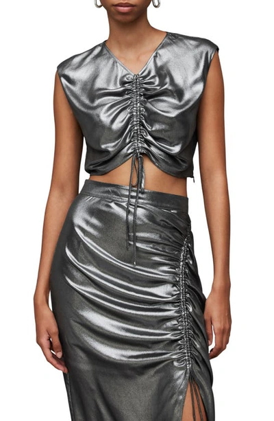 Allsaints Carla Gathered Metallic Cropped Top In Gunmetal Grey