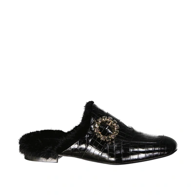 Eleventy Leather Fur Mules In Black