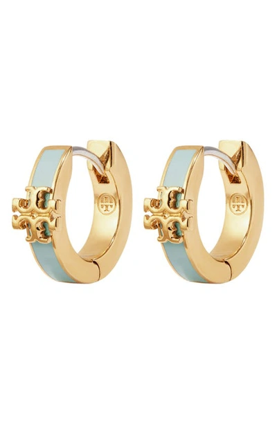 Tory Burch Kira Enamel Huggie Earrings In Tory Gold / Blue Gray Mist