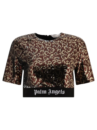 Palm Angels "sequins Logo Tape" T-shirt In Brown