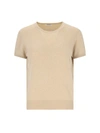 Malo Knit Crewneck With Ribbed Hem And Short Sleeves In Beige