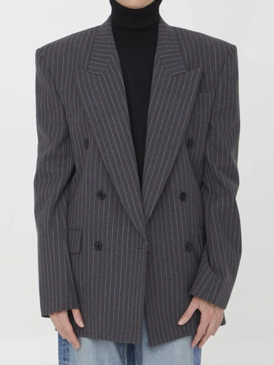 Saint Laurent 大廓形细条纹羊毛西装式外套 In Grey