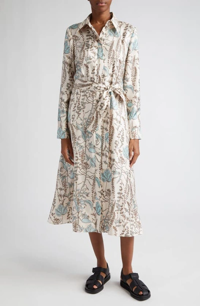 Lafayette 148 Pleated Botanical-print Silk Midi Shirtdress In Pampas Plume