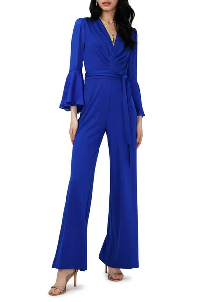 Diane Von Furstenberg Shing Pleated Bell-sleeve Jumpsuit In Blue