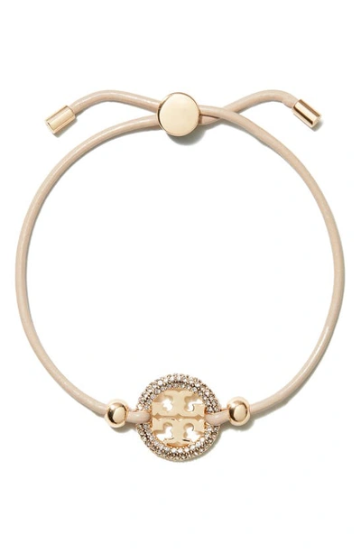 Tory Burch Miller Logo Medallion Slide Bracelet In Tory Gold / Pink / Crystal