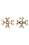 Tory Burch Crystal Logo Stud Earrings In Antique Light Brass / Topaz