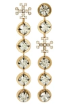 Tory Burch Crystal Linear Drop Earrings In Antique Light Brass / Crystal