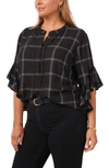 Vince Camuto Windowpane Ruffle Sleeve Popover Top In Rich Black