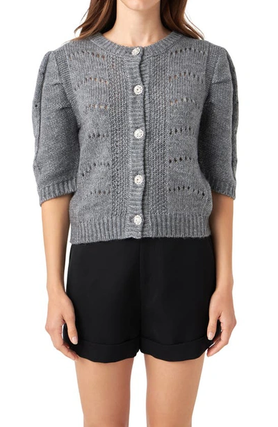 English Factory Women's Short Puff Sleeve Knit Cardigan In Grey