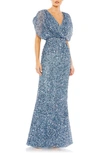 Mac Duggal Draped Sleeves Ruched Waist Detail V Neck Gown In Slate Blue