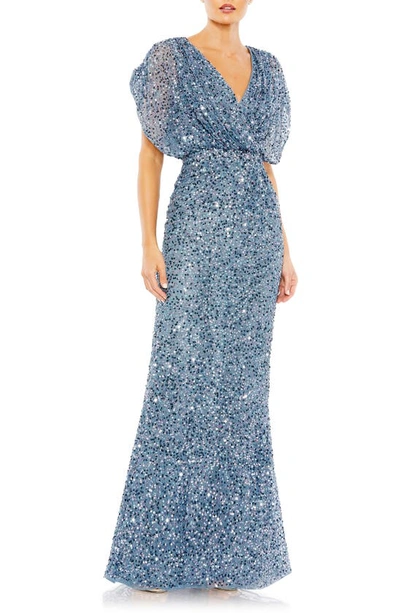 Mac Duggal Women's Evening Metallic Blouson Gown In Slate Blue