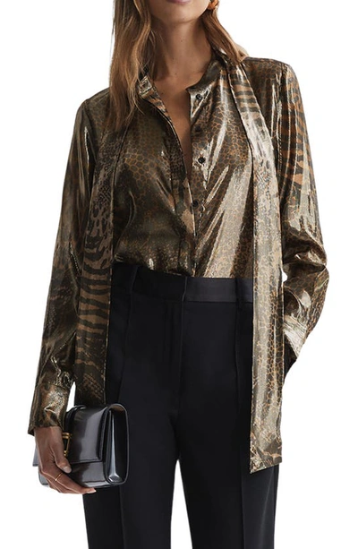 Reiss Kendall - Gold Metallic Animal Print Tie Neck Blouse, Us 2