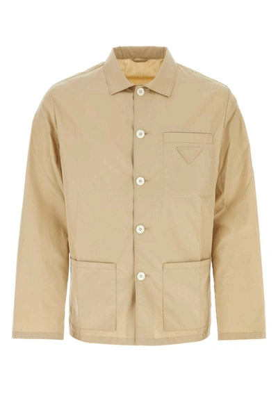Prada Cotton Shirt With Short-pointed Collar And Three Pockets In Beige