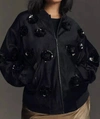 Eva Franco Velvet Floral Embroidered Bomber Jacket In Balck In Multi
