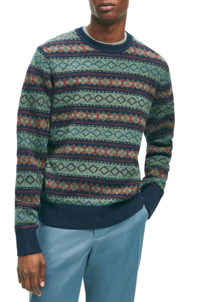 Brooks Brothers Lambswool Archive Intarsia Crewneck Sweater | Navy | Size Medium