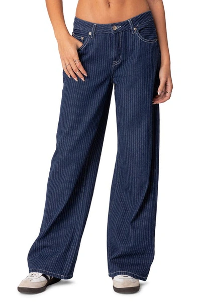 Edikted Pinstripe Wide Leg Low Rise Jeans In Navy