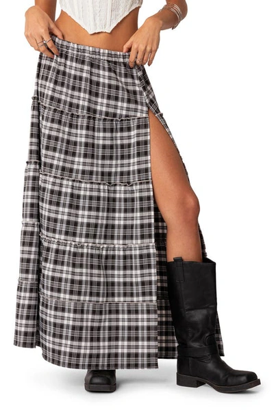 Edikted Women's Plaid Side Slit Tiered Maxi Skirt In Black-and-white