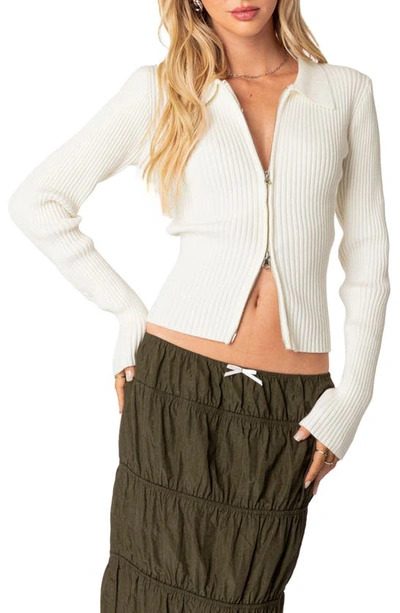 Edikted Cora Rib Zip Front Cardigan In Cream