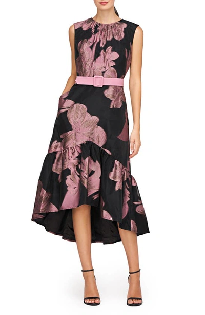 KAY UNGER BEATRIX BELTED FLORAL HIGH-LOW COCKTAIL DRESS