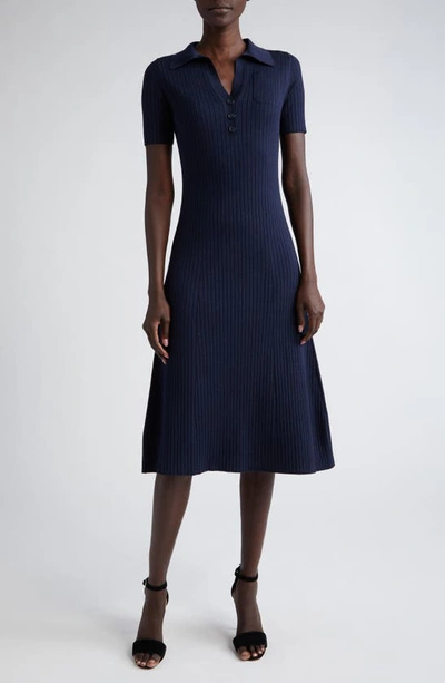 Akris Shirt-sleeve Large Rib Midi Polo Dress In Navy