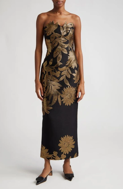 Lela Rose Floral-embroidered Strapless Column Dress In Black