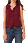 Vince Camuto Sleeveless V Neck Ruffle Top In Crisp Merlot