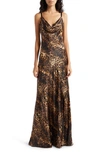 L AGENCE VENICE ANIMAL COWL NECK SILK GOWN